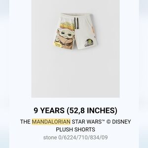 Zara Star Wars Mandalorian Baby Yoda plush shorts Size 9